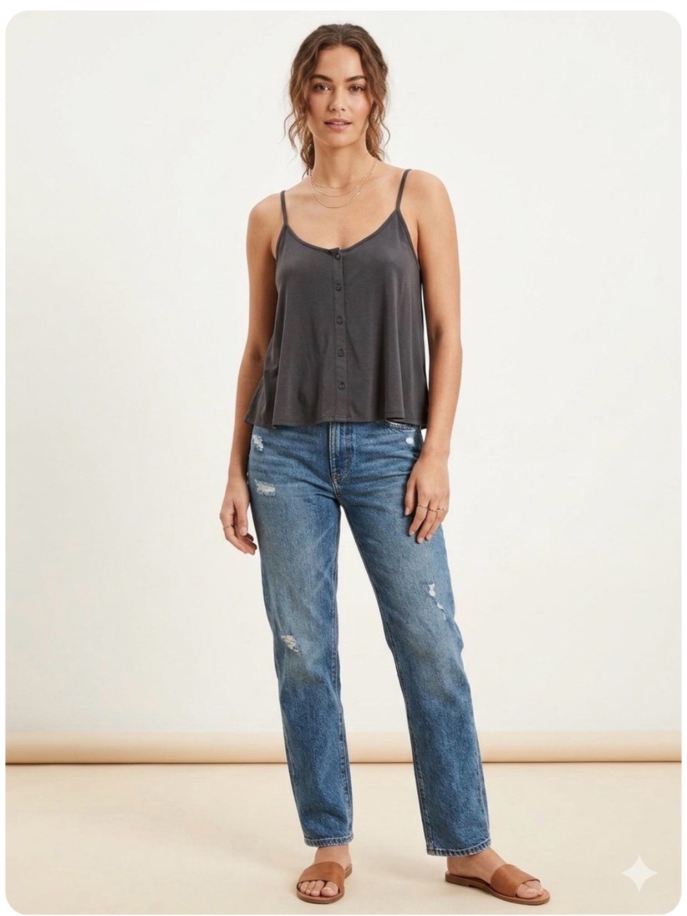 American Eagle Soft & Sexy Button Front Flowy Tank Top Gray Medium